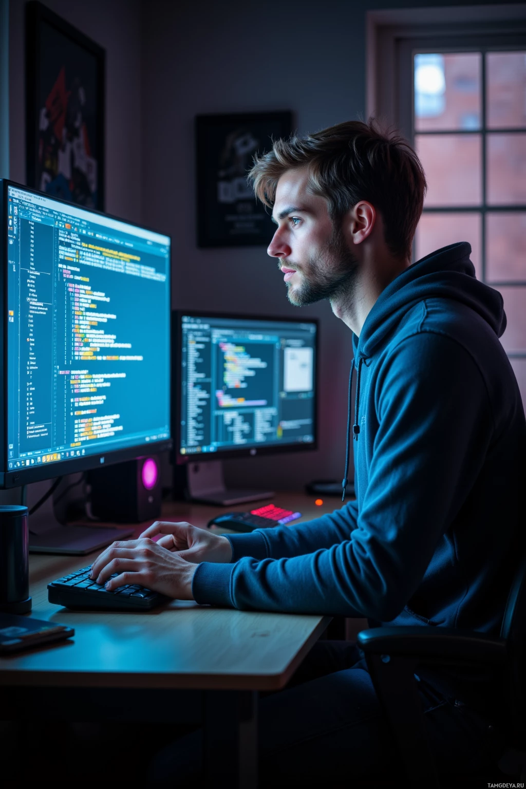 A person is working at a desk with two computer monitors displaying code in a dimly lit room.