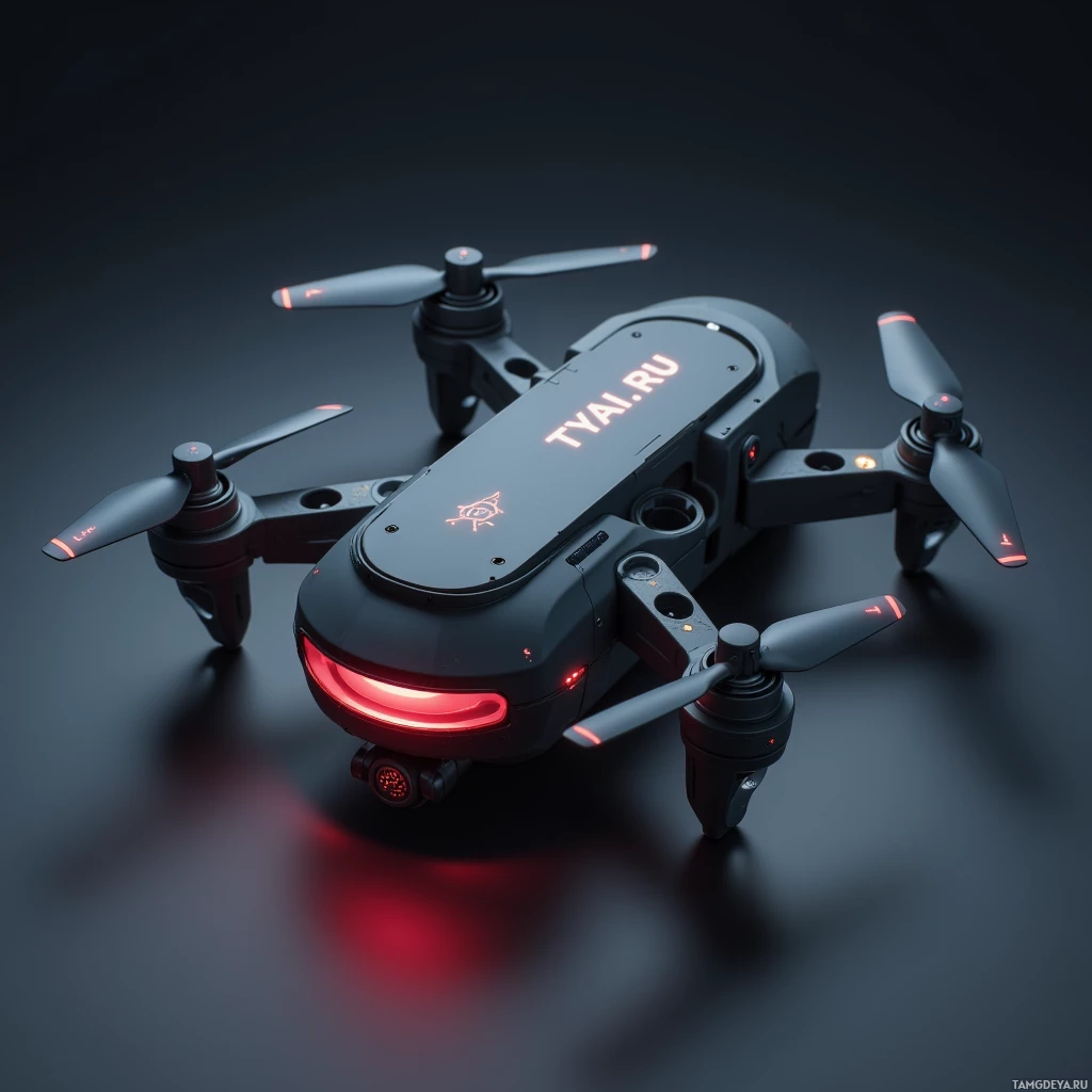 A sleek black drone with illuminated red lights and the text "TYAL.RU" on its body.