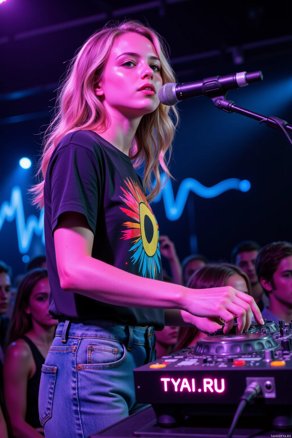 A person stands at a DJ booth with a microphone, wearing a graphic t-shirt and jeans, in a vibrant, colorful setting.