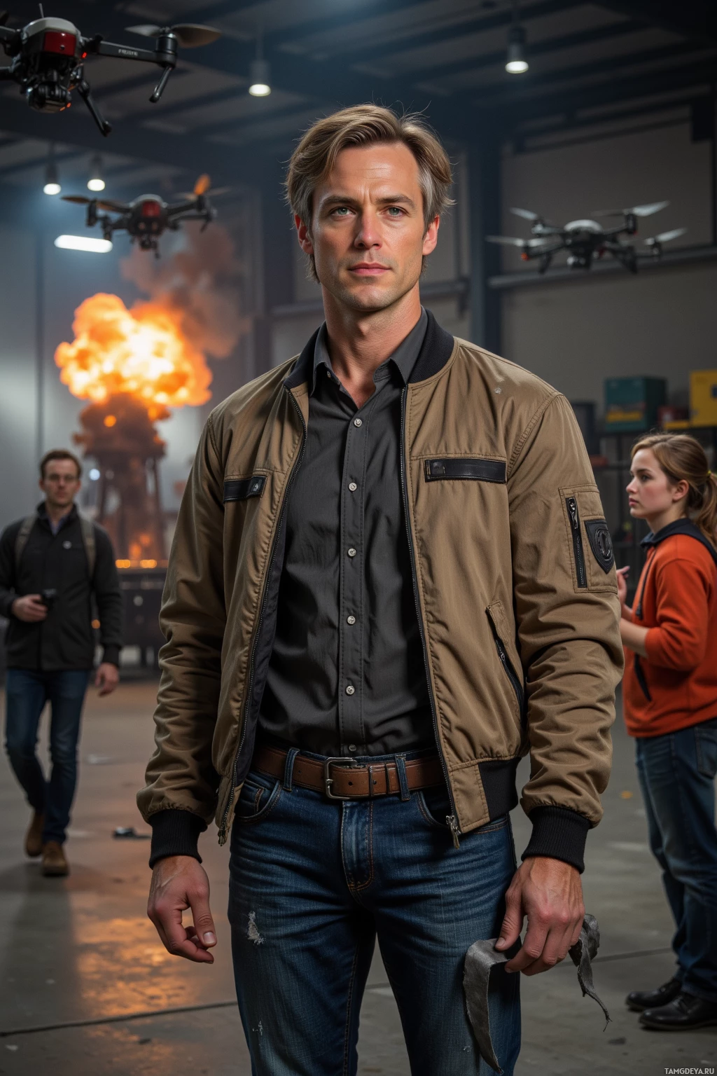 A man in a bomber jacket stands in an industrial setting with drones and smoke visible behind him.
