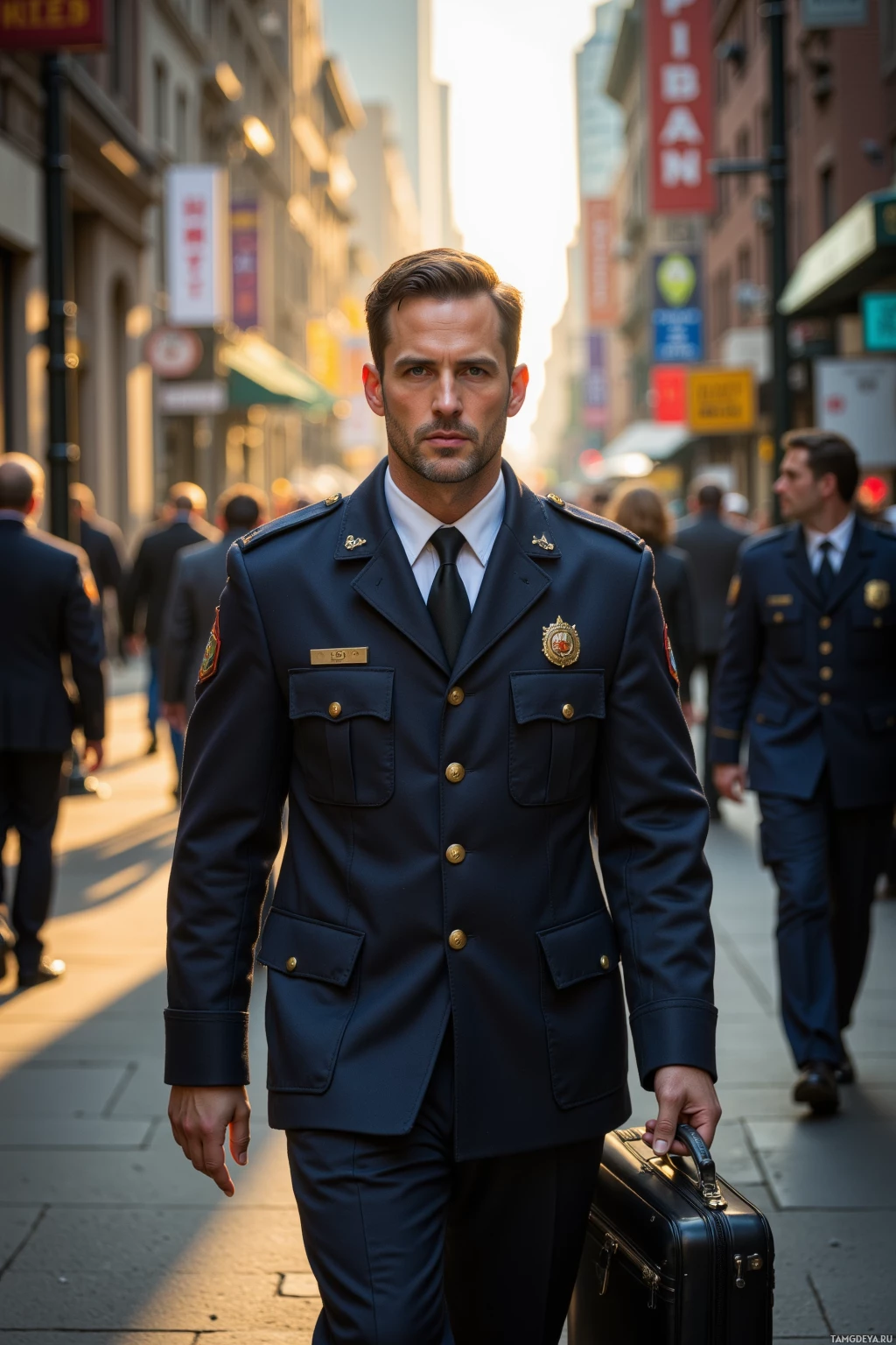 A man in a dark blue uniform walks down a city street carrying a suitcase.