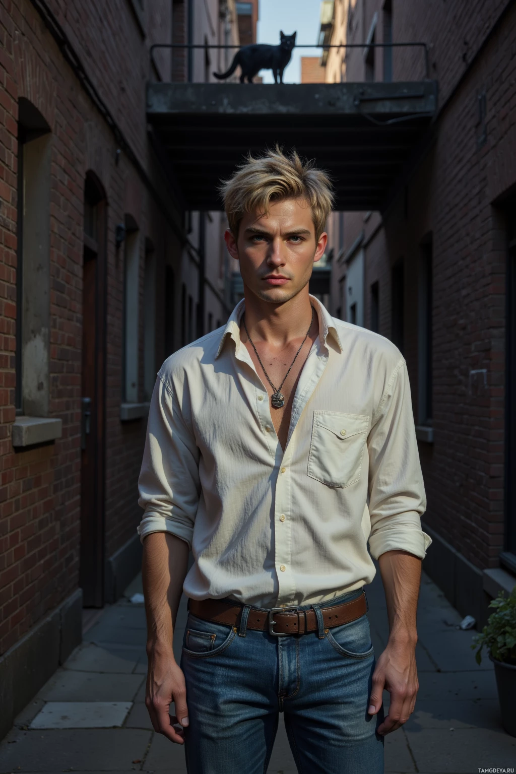 A person stands in an alleyway wearing a white shirt and jeans, with a black cat perched on a railing above.