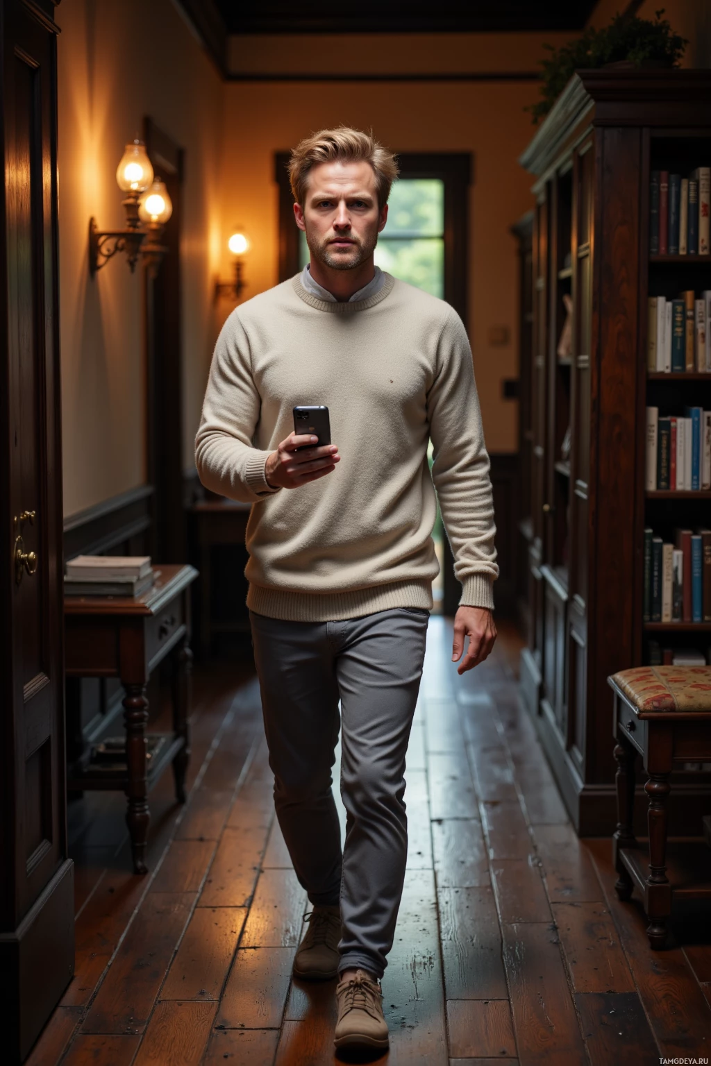 A man walks down a warmly lit hallway holding a phone.