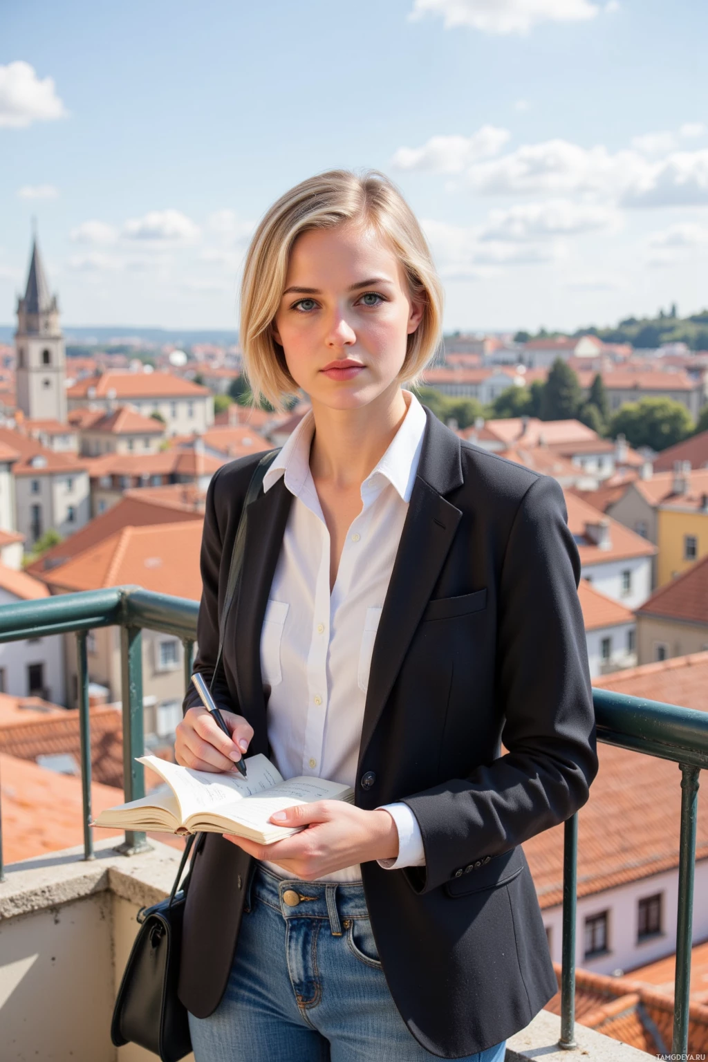 A person in a black blazer and white shirt stands on a balcony, holding a book and pen, with a scenic view of rooftops and a church steeple in the background.
