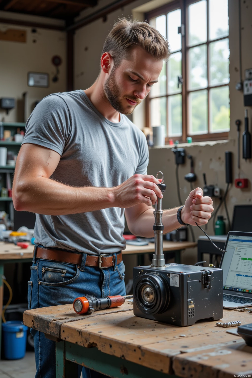 A person is working on an electronic device in a workshop setting.