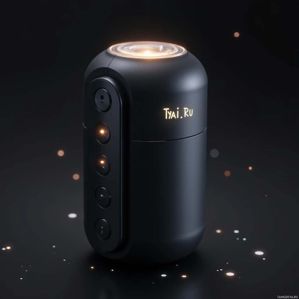 A sleek, black cylindrical device with illuminated buttons and a glowing top, labeled "Tyai.Ru.