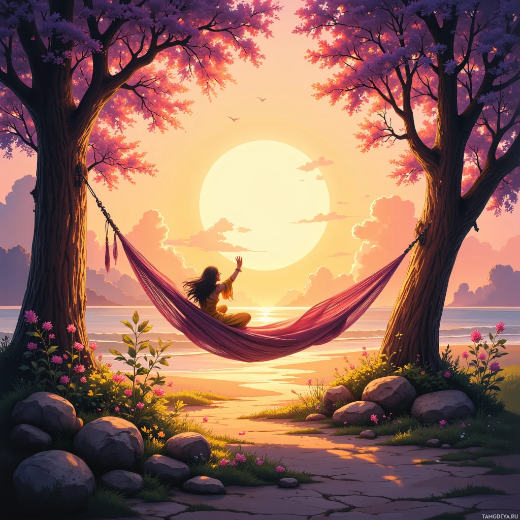 A serene scene of a woman relaxing in a hammock under blooming trees at sunset.