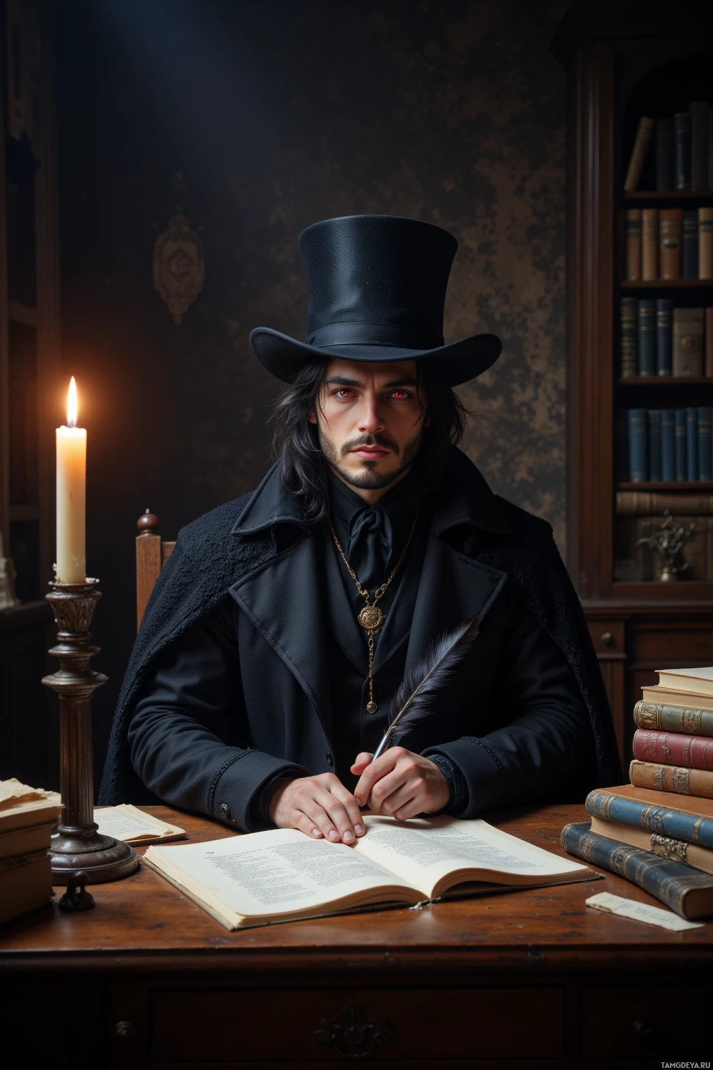 A man in Victorian attire sits at a desk with an open book and quill pen, surrounded by books and a lit candle.