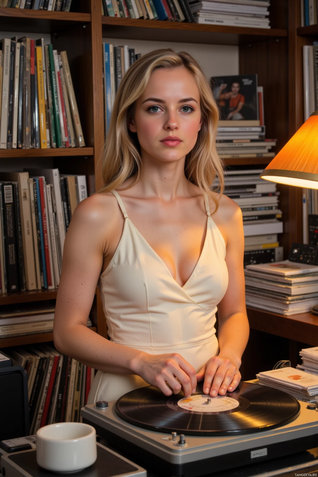 A woman stands in front of a bookshelf, wearing a sleeveless top, with a record player and a lamp in the foreground.