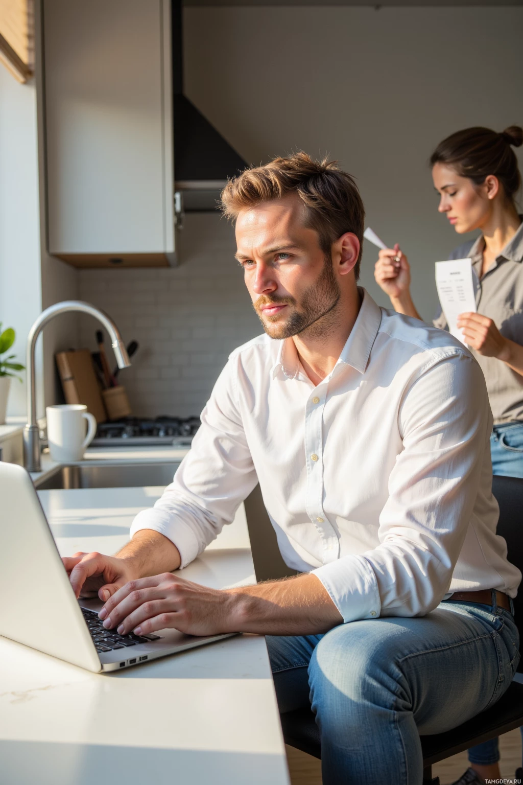 A man in a white shirt works on a laptop while a woman in the background looks at a document.
