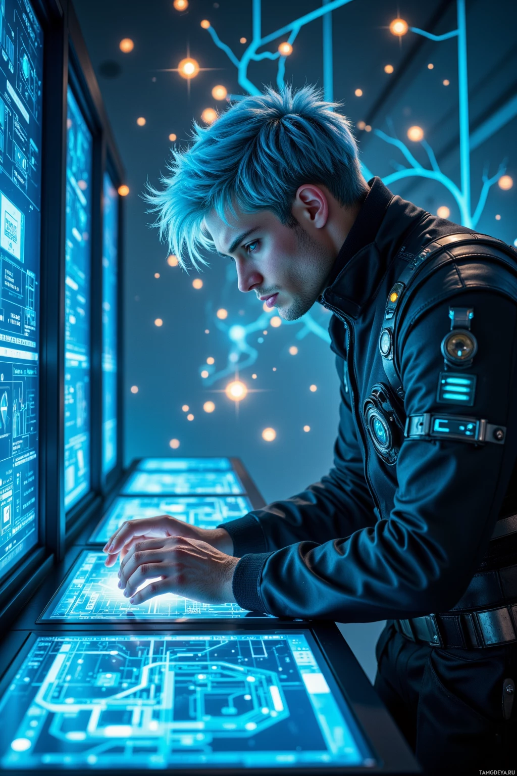 A person in a futuristic outfit is working on a high-tech interface with glowing blue screens.