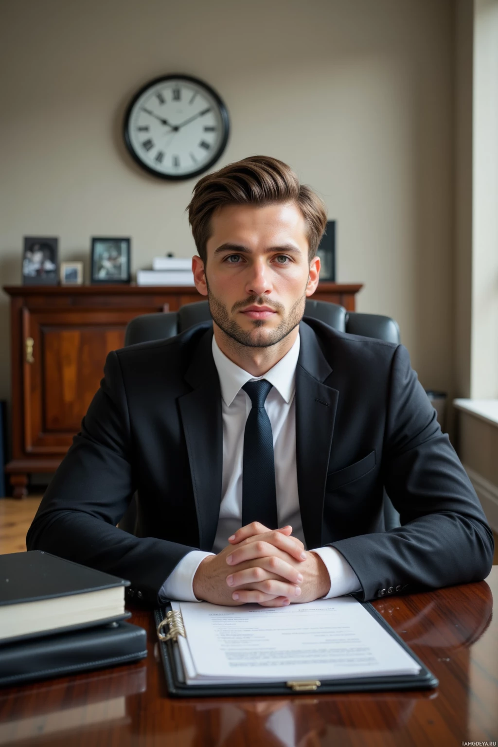 A man in a suit sits at a desk in an office, hands clasped.