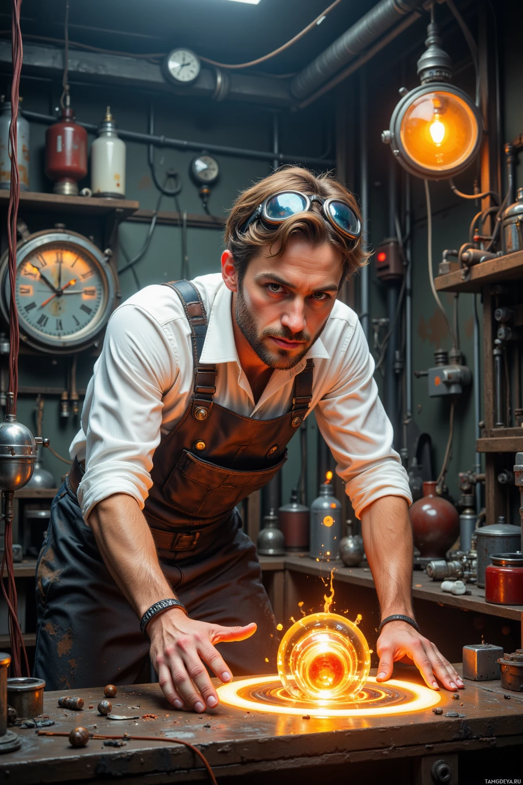 A person in a workshop setting with a glowing orb on a table.