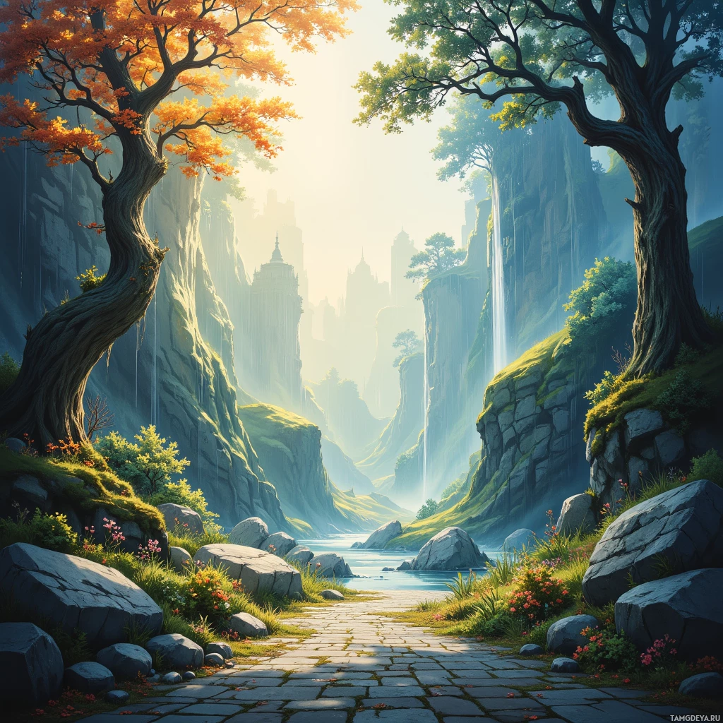 A serene pathway leads through a lush, colorful landscape towards distant, misty mountains.