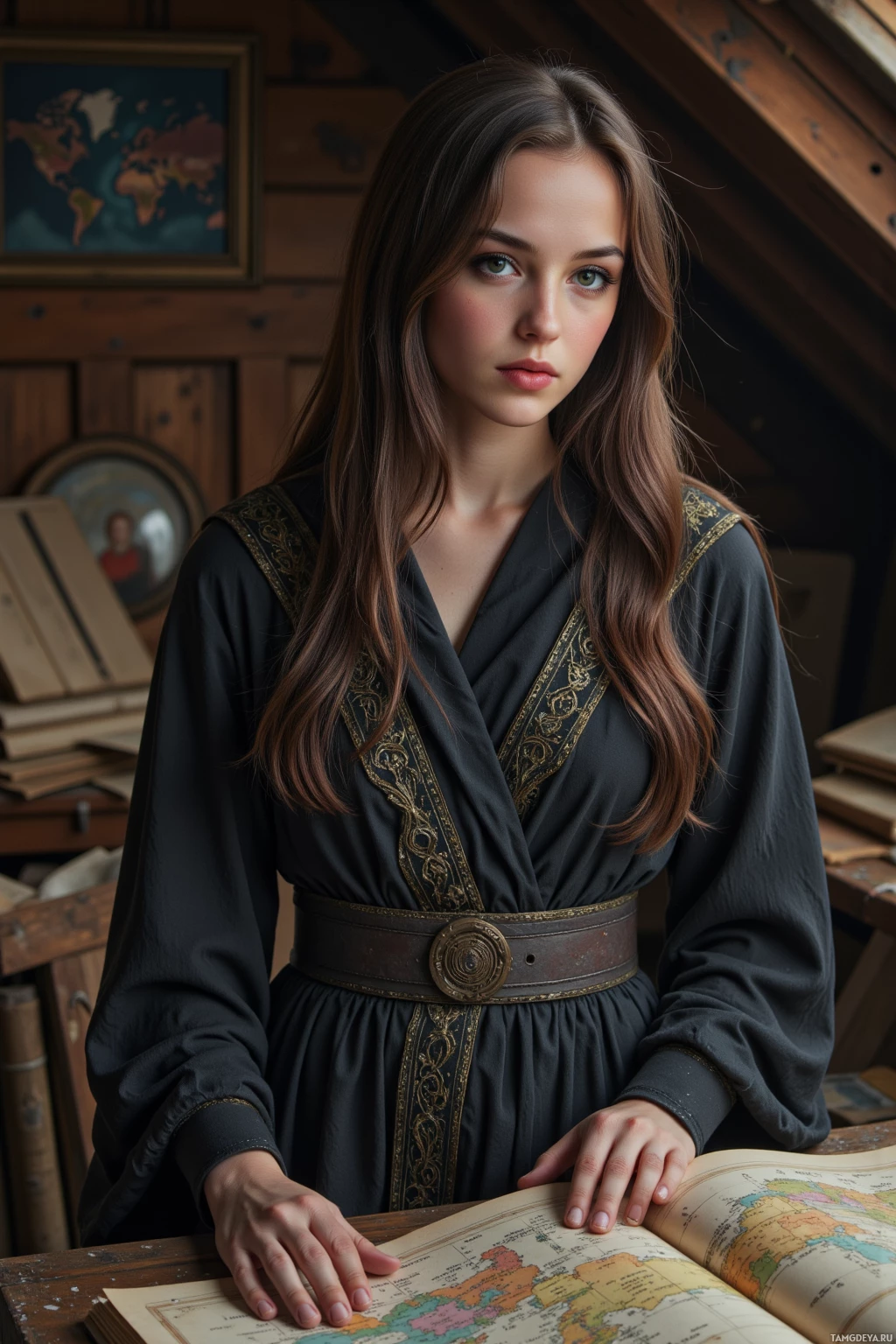 A person in a dark, ornate dress stands beside an open map, in a room with wooden walls and framed maps.