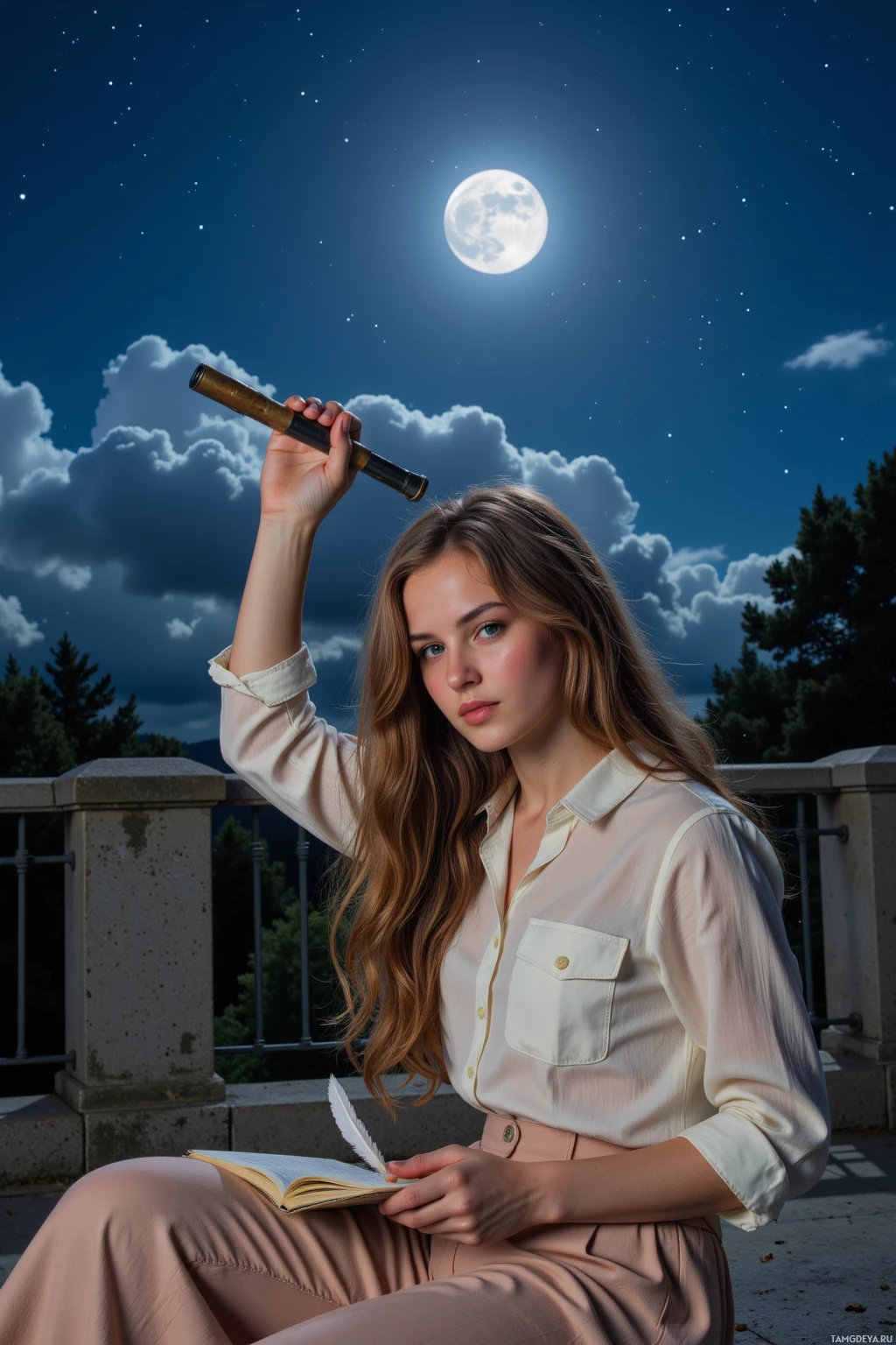 A person sits under a night sky with stars and a full moon, holding a telescope above their head while reading from an open book.