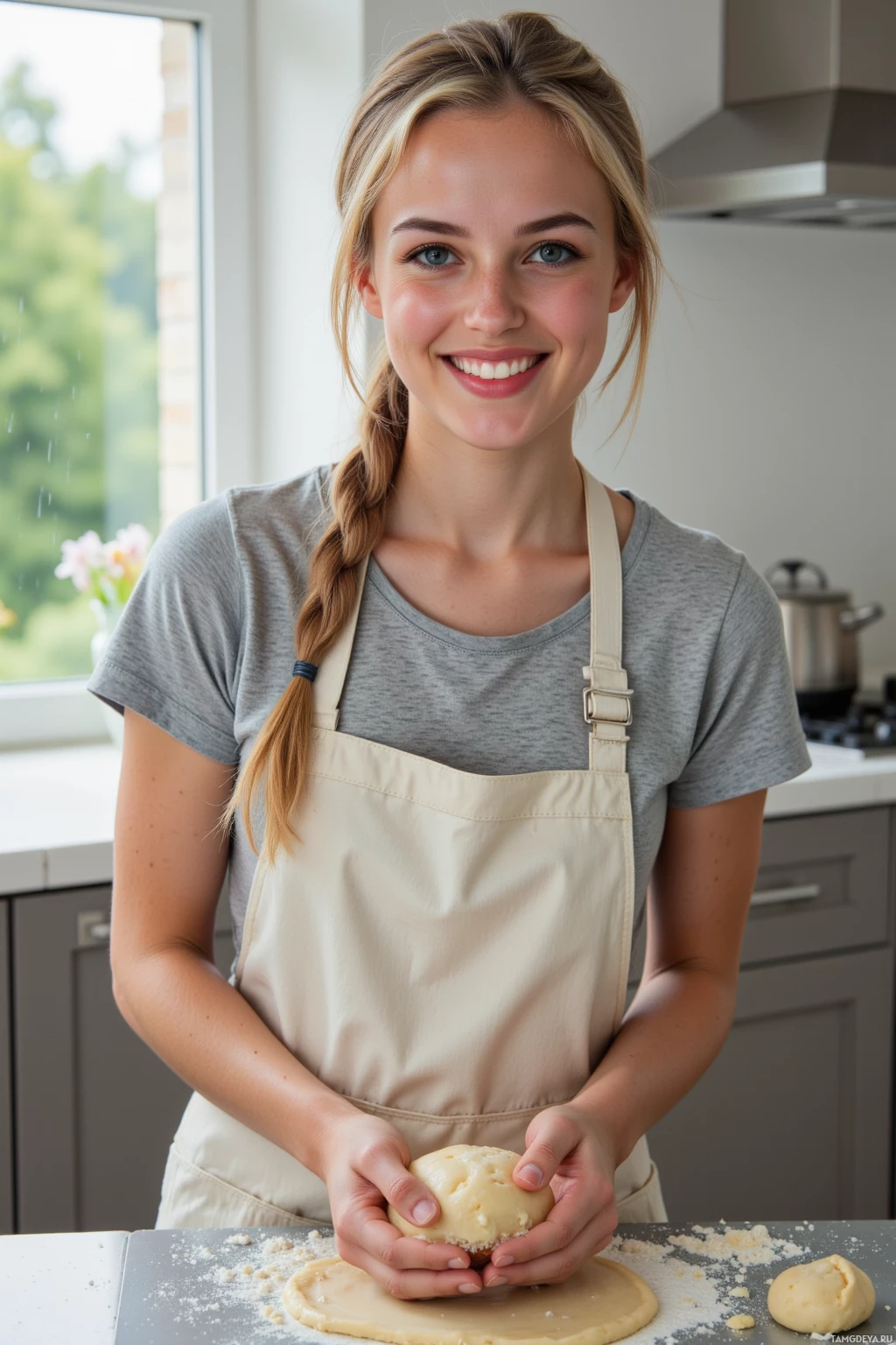 A person wearing an apron kneads dough in a kitchen.