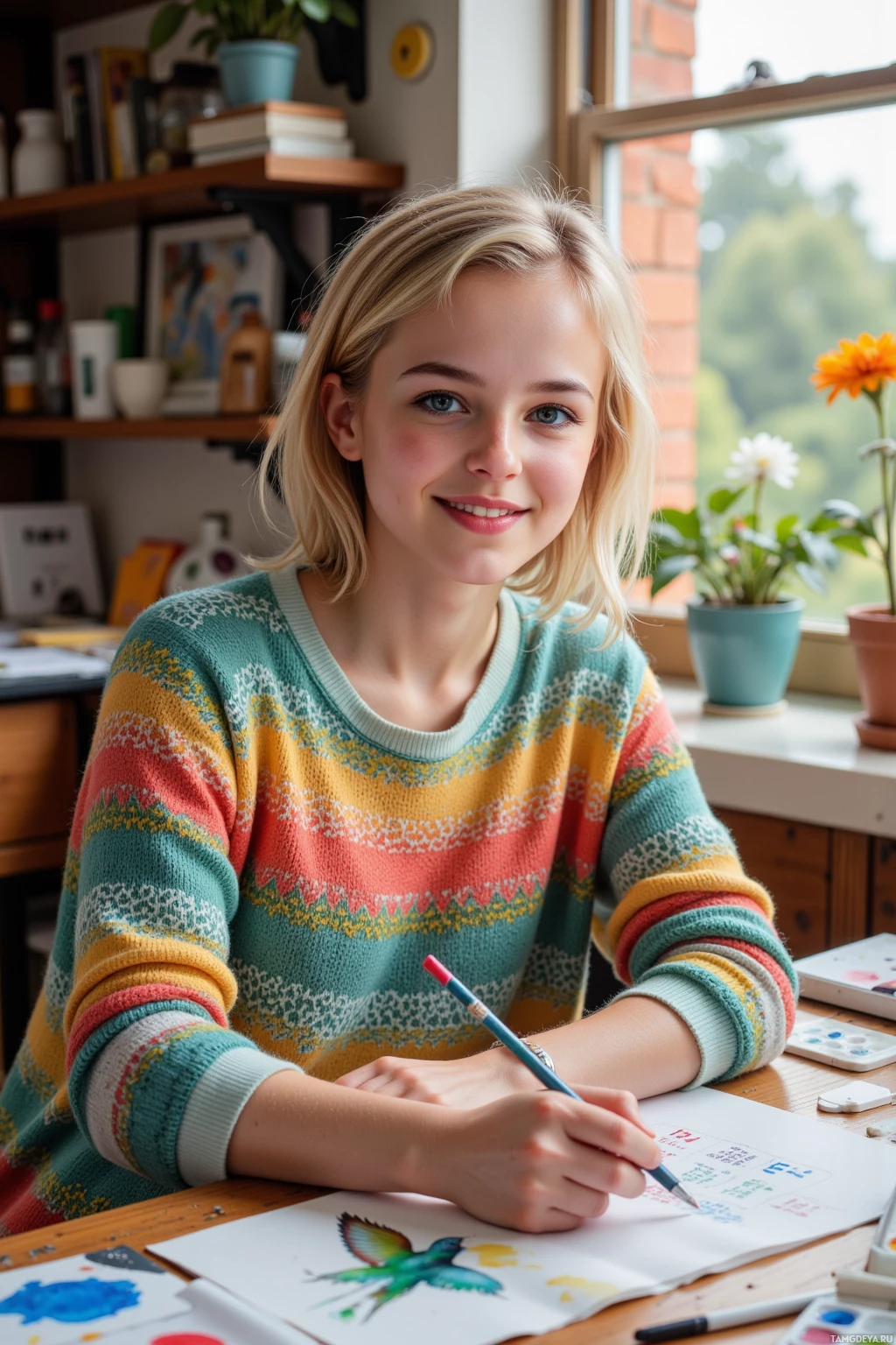 A person wearing a colorful sweater is sitting at a desk, holding a pencil and drawing.