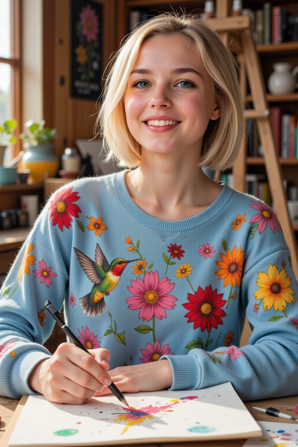 A person wearing a sweater with floral and hummingbird designs is drawing on a piece of paper.