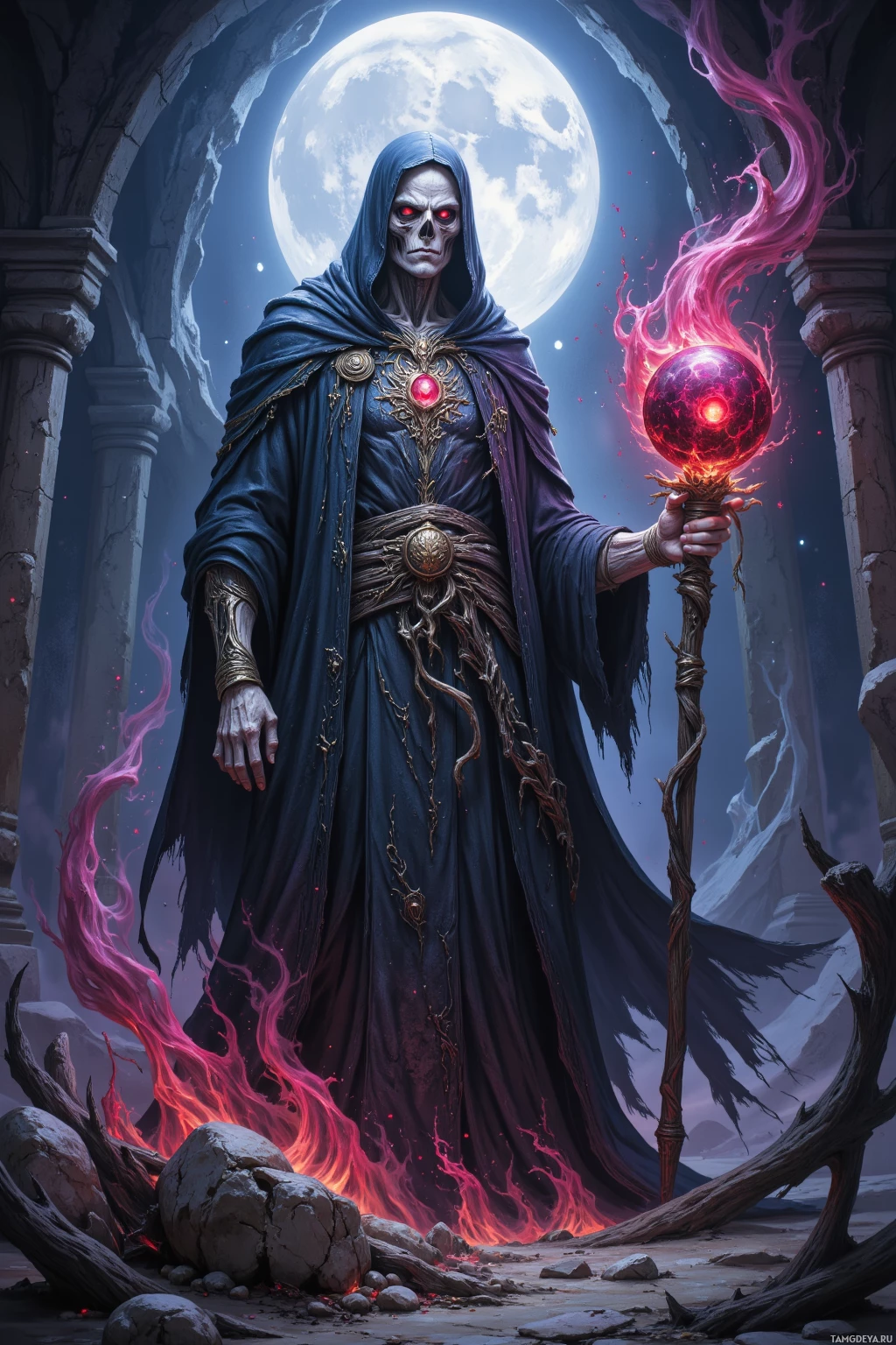 A dark, hooded figure stands under a full moon, holding a glowing staff with a red orb, surrounded by mystical energy and ancient ruins.
