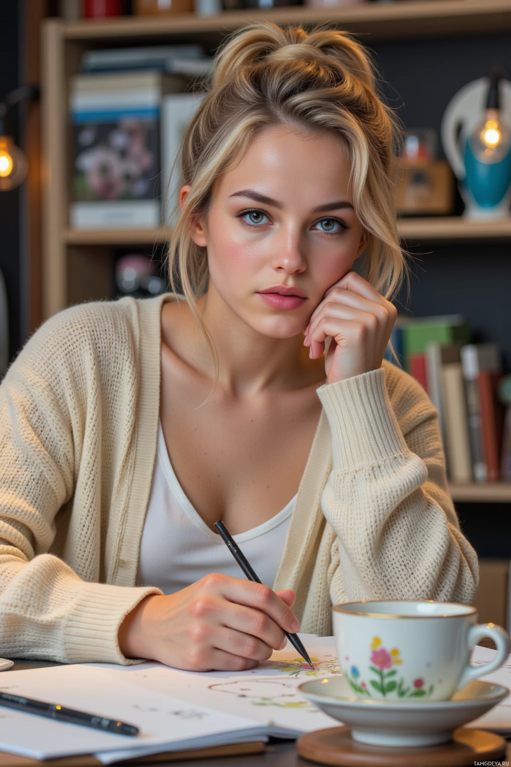 A person is sitting at a table, holding a pen and looking at a drawing in a notebook, with a cup of tea nearby.