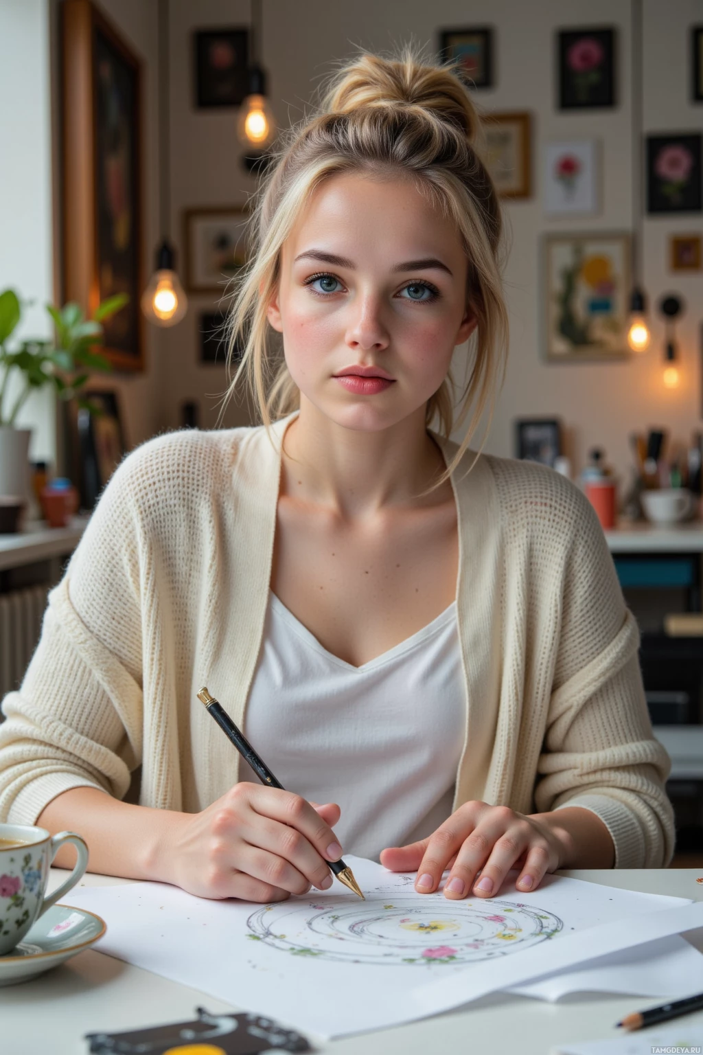 A person is sitting at a desk, drawing on paper with a pen in hand.