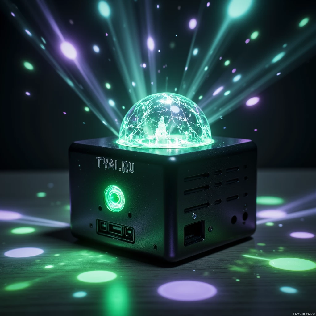 A glowing, futuristic device with a spherical light projection on top, emitting colorful beams.