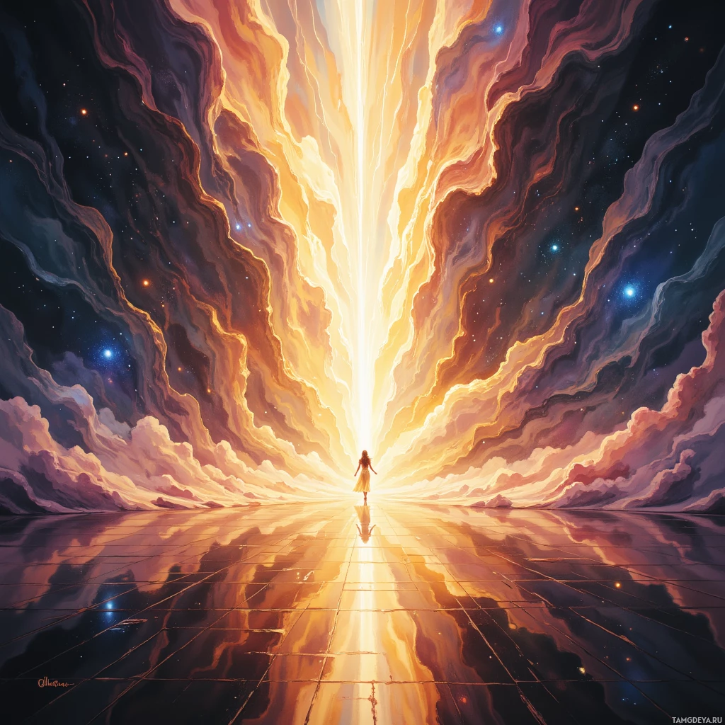 A person stands at the center of a glowing pathway leading to an ethereal light in a cosmic sky filled with stars and swirling clouds.