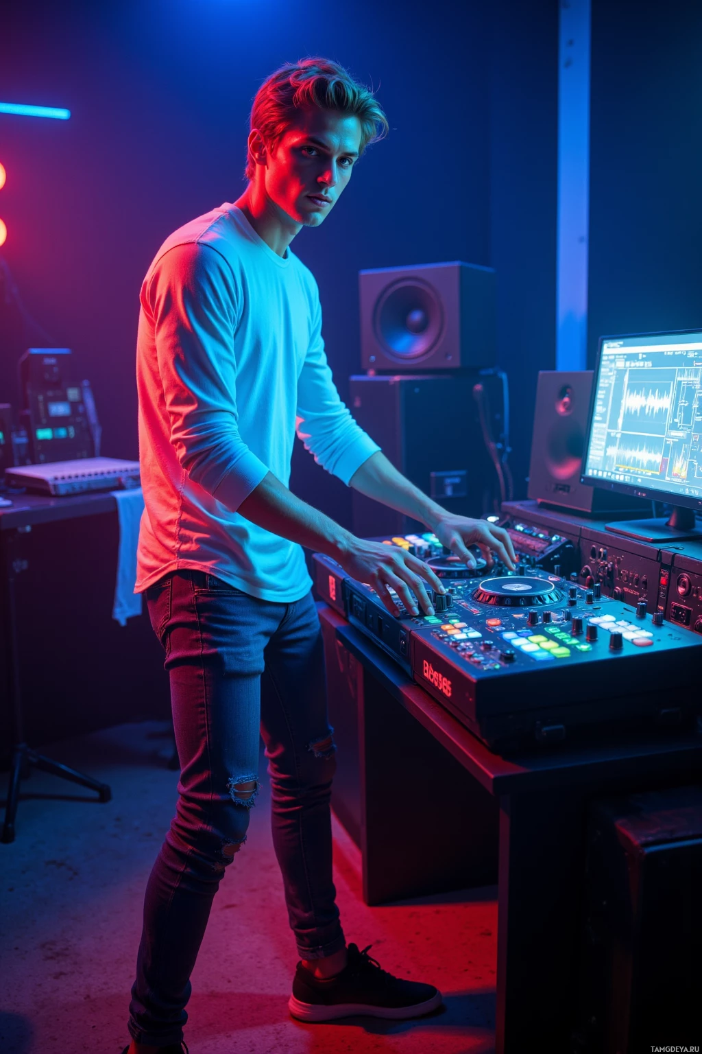 A person stands at a DJ mixing console in a dimly lit room with colorful lighting.