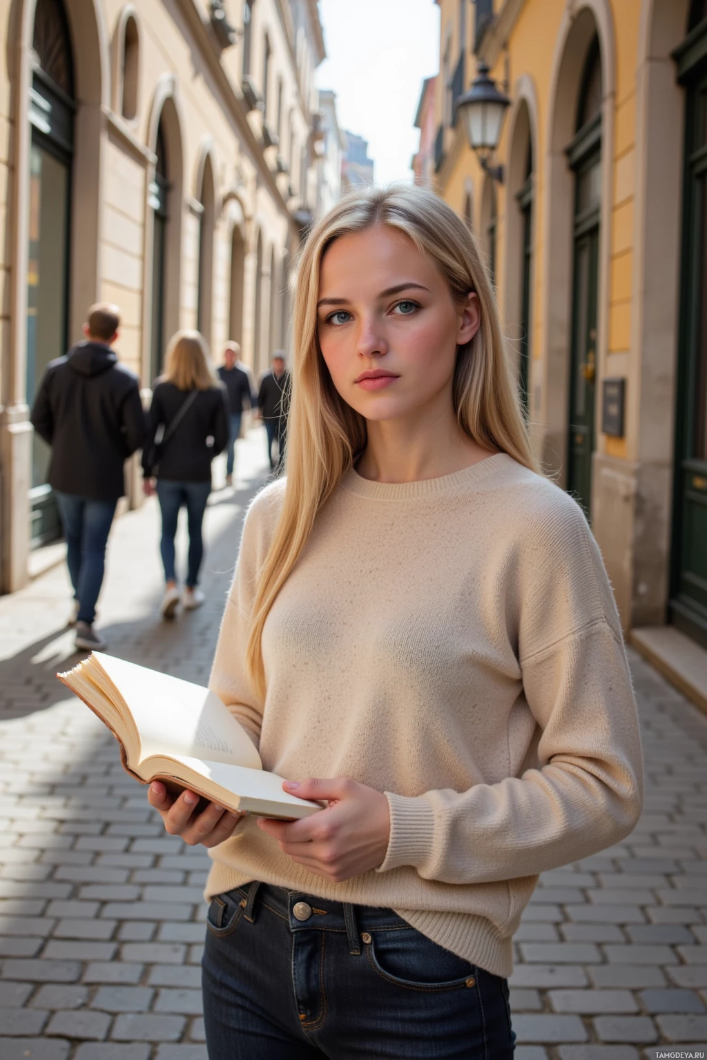 A woman stands on a cobblestone street holding an open book, with pedestrians in the background.
