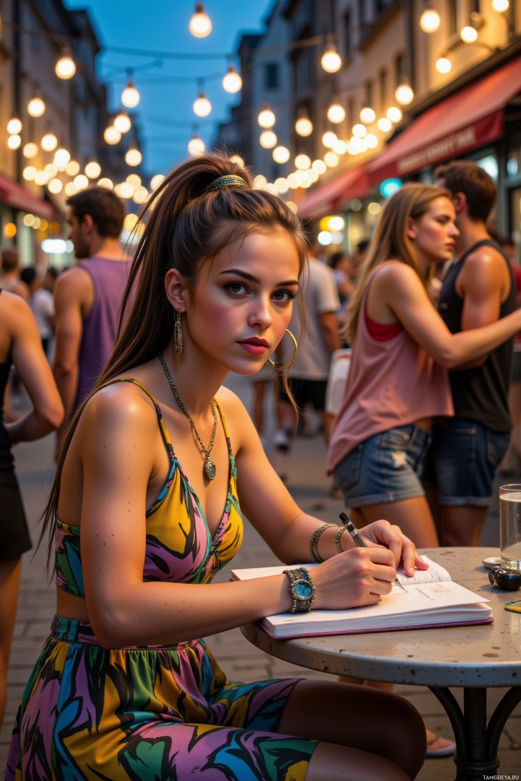 A woman sits at an outdoor café table, writing in a notebook.