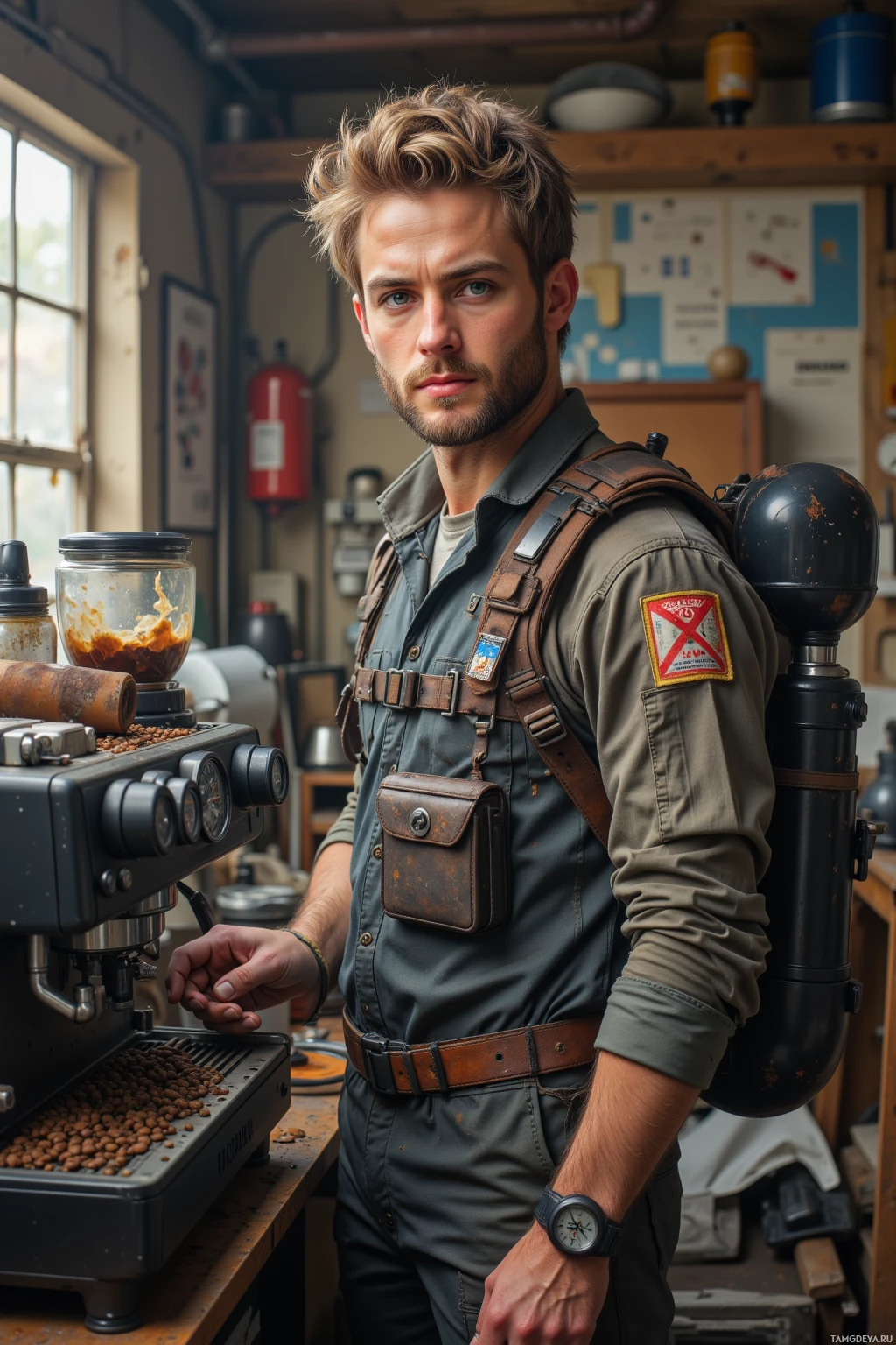 Realistic high quality photo. 26‑year‑old man with messy blonde hair, bright blue eyes, oil‑smeared cheeks, strong jawline, wearing a worn tool‑marked jumpsuit and bulky gadget backpack, standing in a cluttered garage battlefield holding a wrench while negotiating with a coffee‑roasted printer whose ink is misaligned, beside him an old espresso machine sloshing beans and a blender poised to explode, morning light filtering through dusty windows.