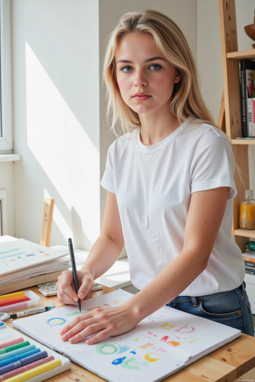 A person in a white shirt is drawing with colored markers at a desk.