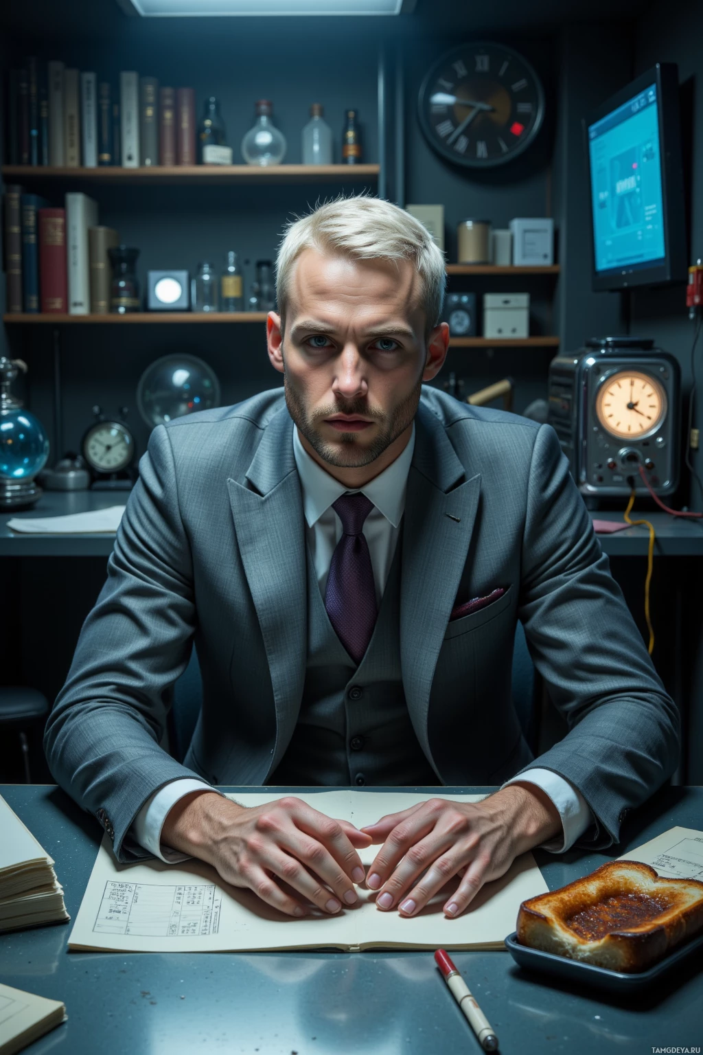 A man in a suit sits at a desk with a notebook and toast, surrounded by shelves filled with books and bottles.
