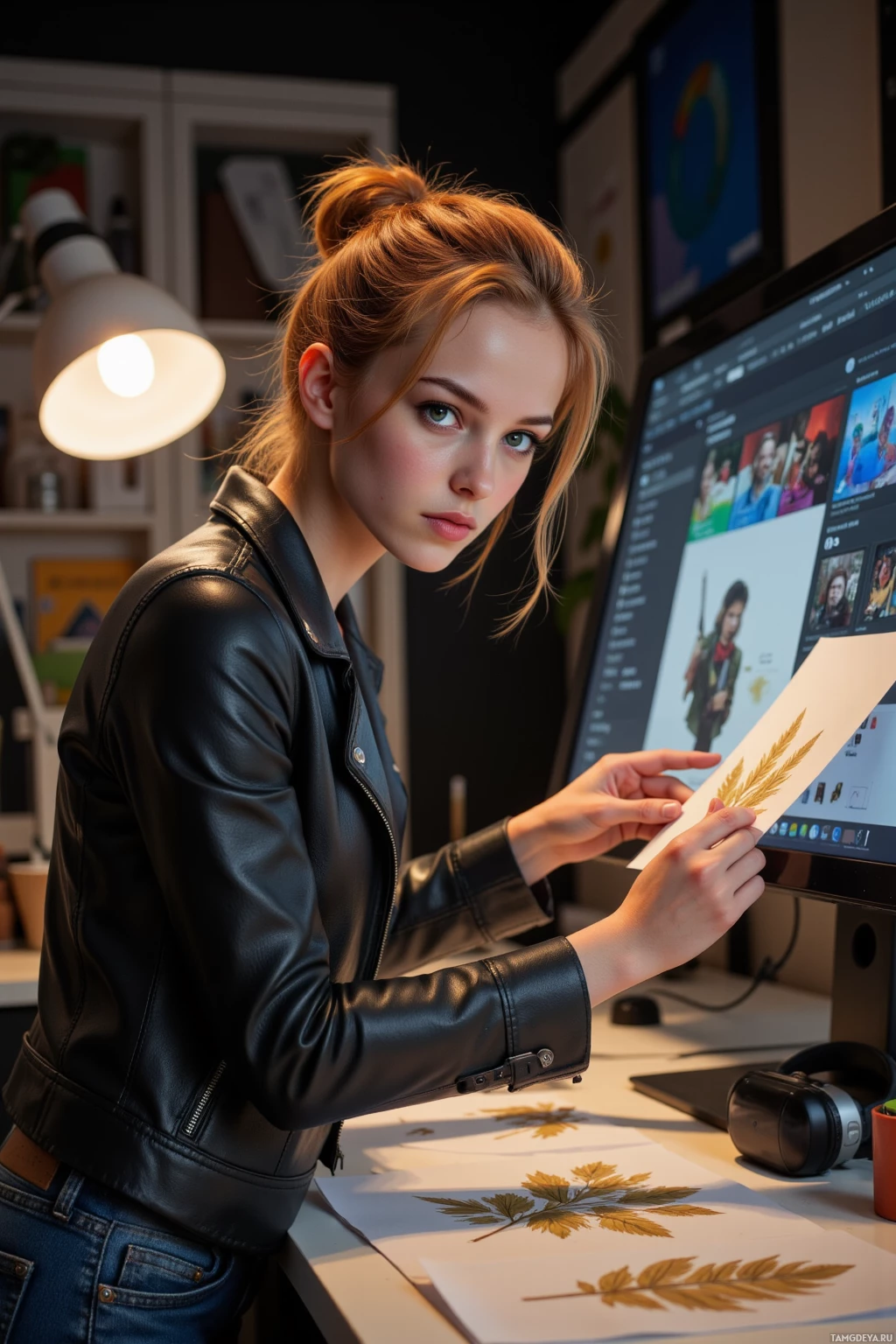 A person in a leather jacket is working at a desk with a computer, holding a leaf illustration.