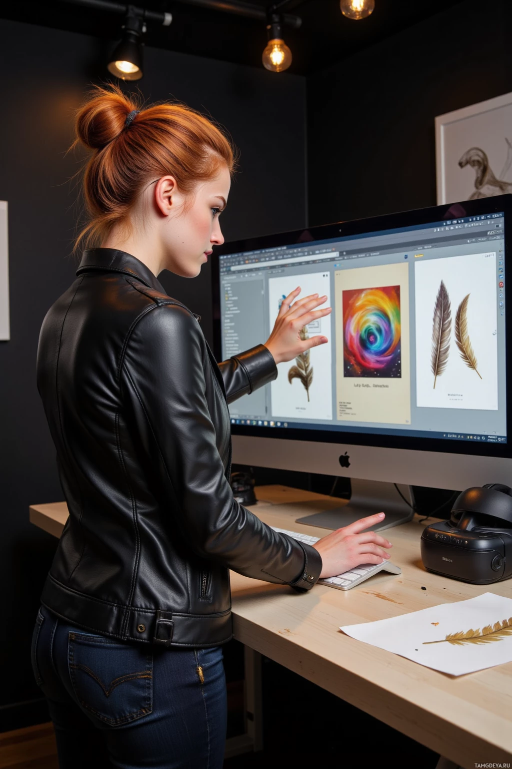 A woman in a black leather jacket works on a computer in a dimly lit room.