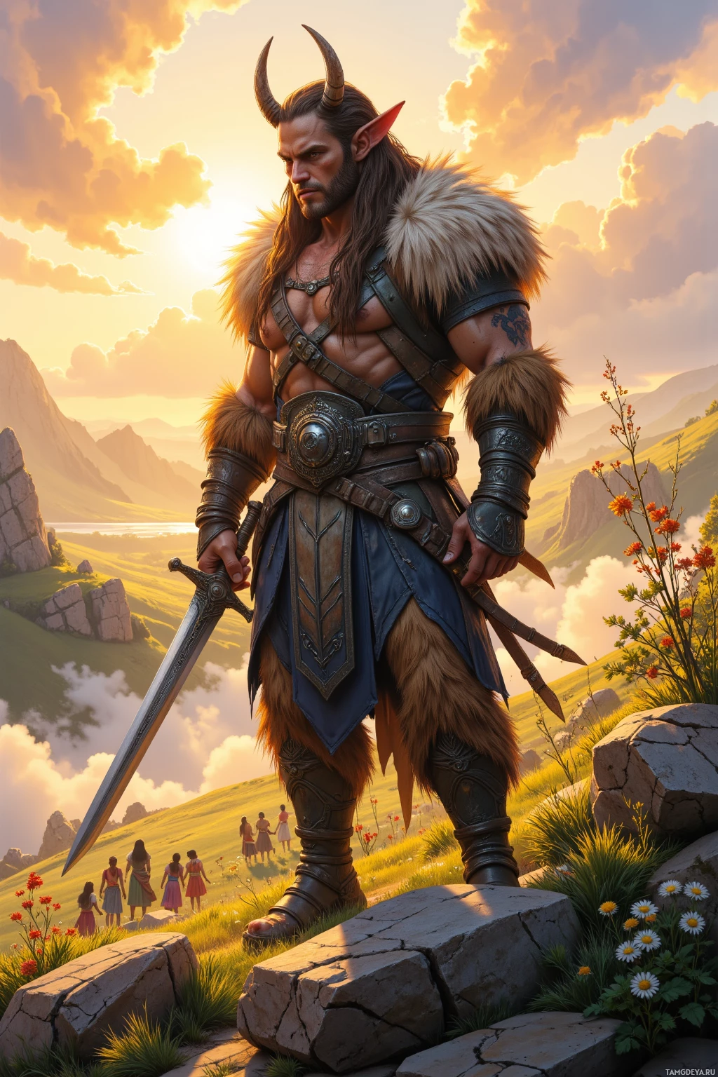 A muscular warrior with horns and fur armor stands on a rocky hillside, holding a sword, with a group of people in the background under a sunset sky.