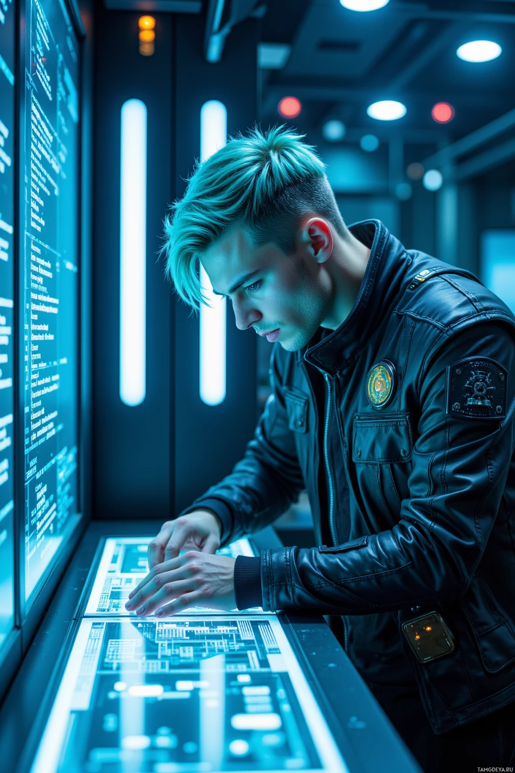 A person in a leather jacket interacts with a futuristic touch screen interface in a dimly lit environment.
