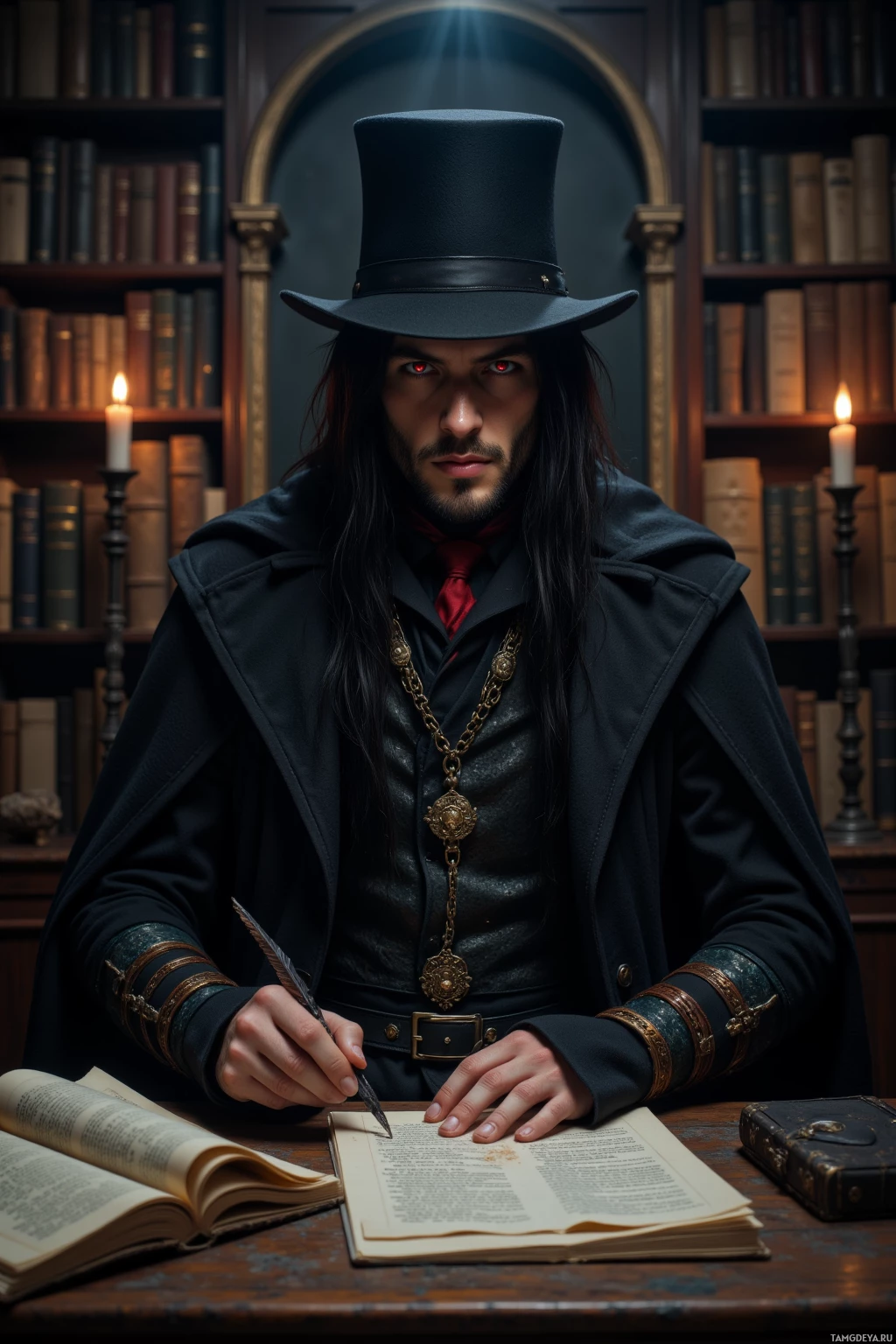 A man in a top hat and cloak sits at a desk, writing in a book with a quill pen.