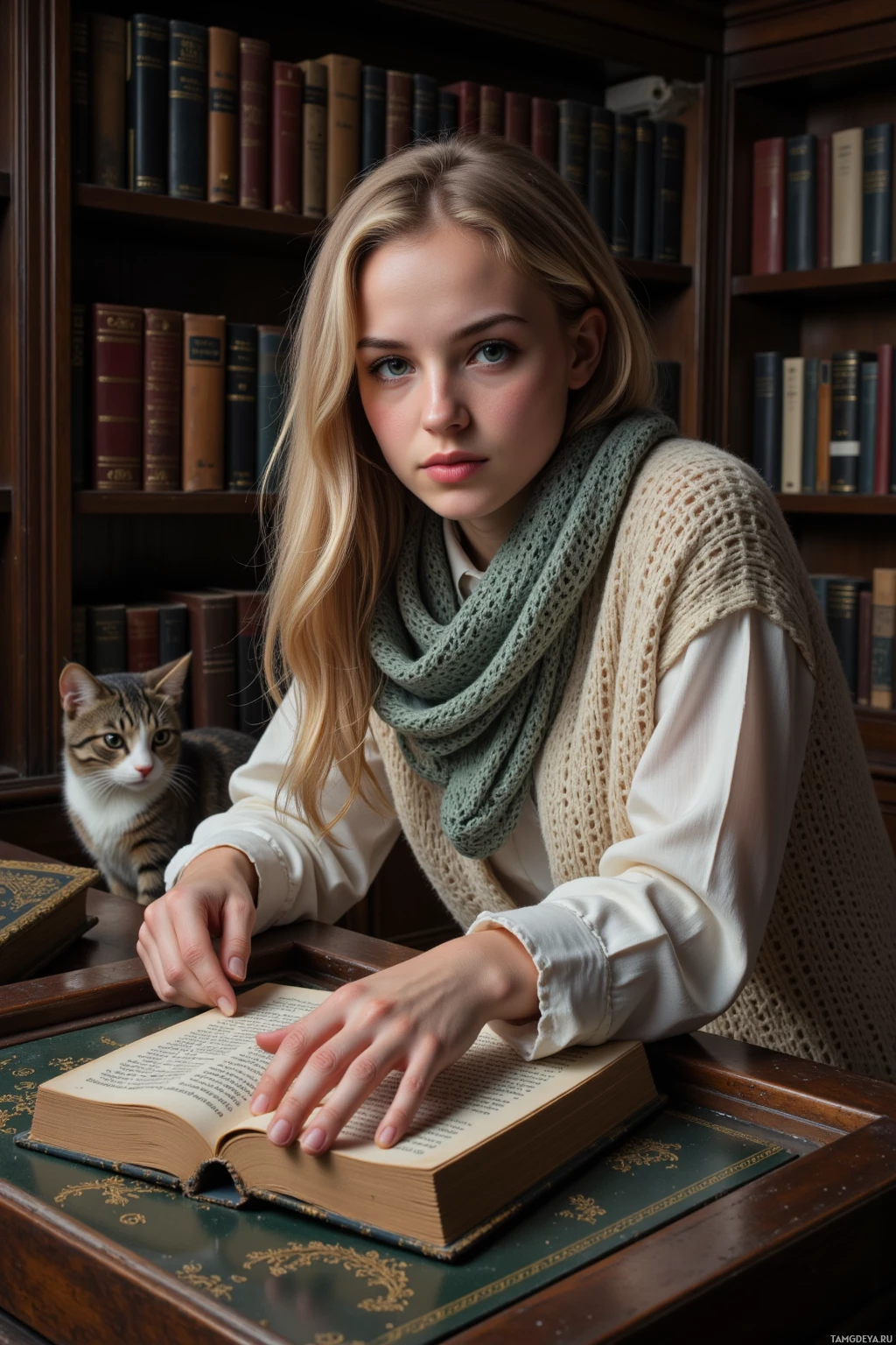 A person wearing a scarf sits at a desk with an open book, accompanied by a cat.