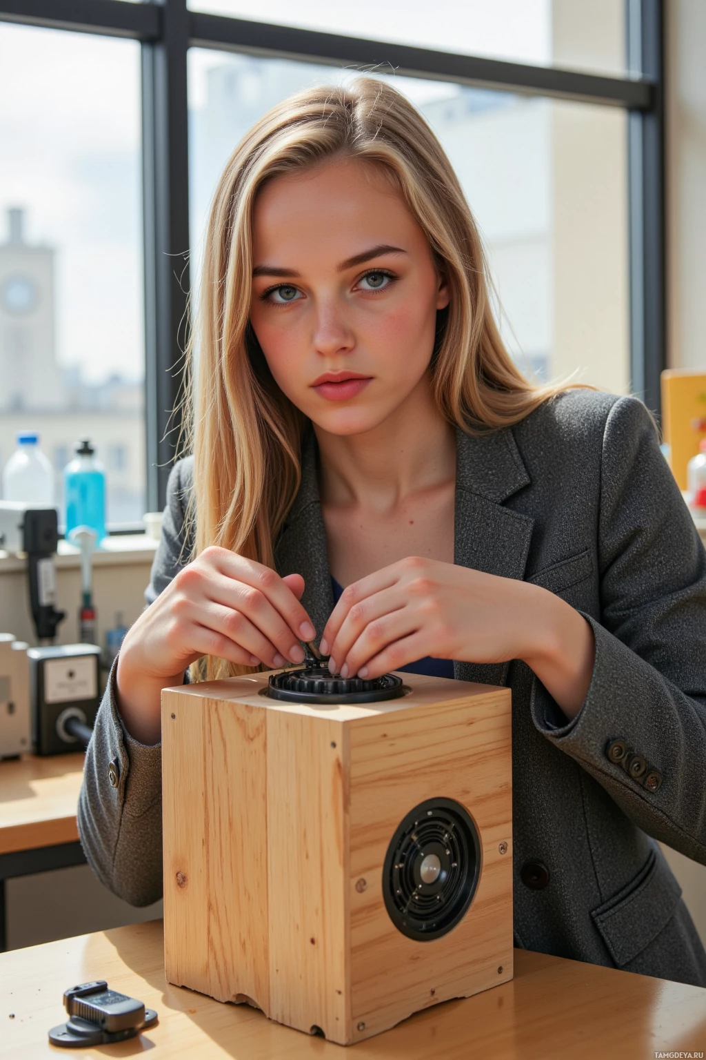 A person in a lab coat is working on a wooden box with a speaker.