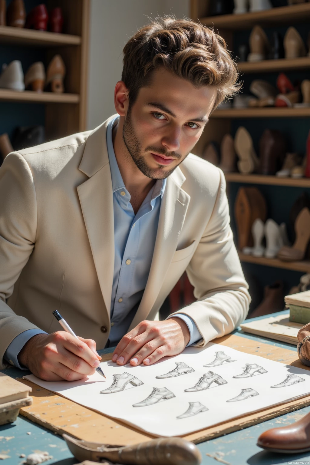 A person in a suit is sketching various shoe designs on paper in a workshop setting.