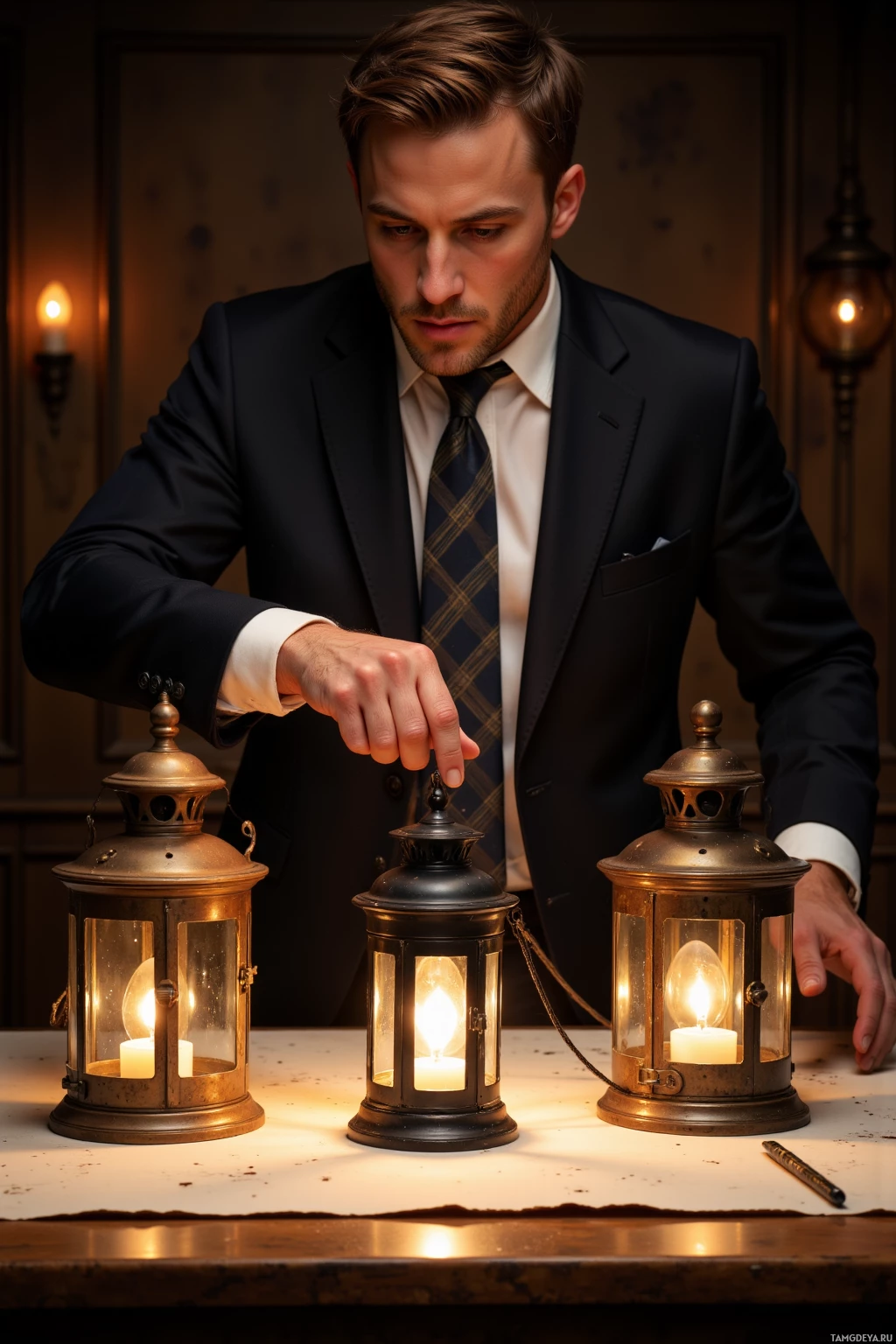 A man in a suit adjusts a lantern on a table with other lit lanterns.