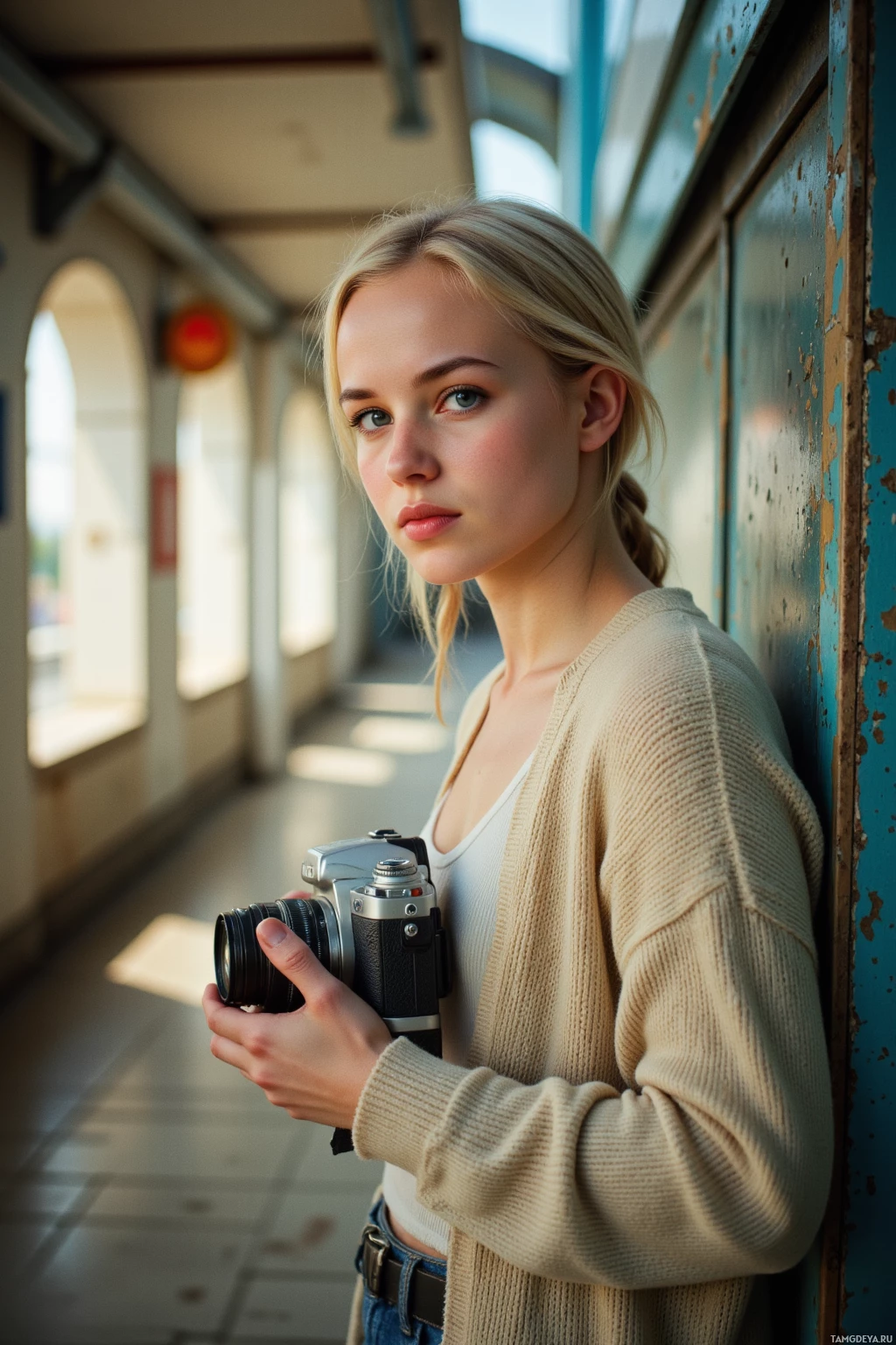 A young woman stands in a train station, holding a camera, wearing a beige cardigan and jeans.