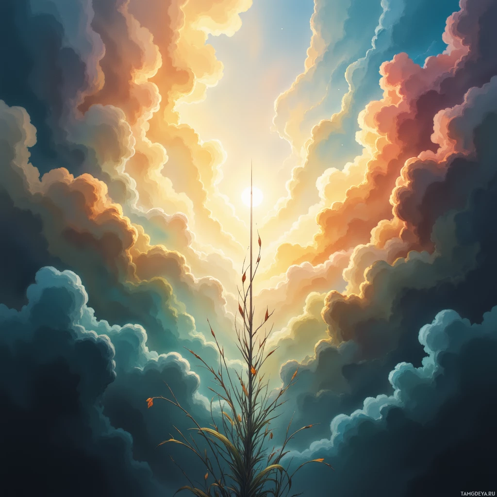A vibrant sky with clouds and a bright sun above a plant.