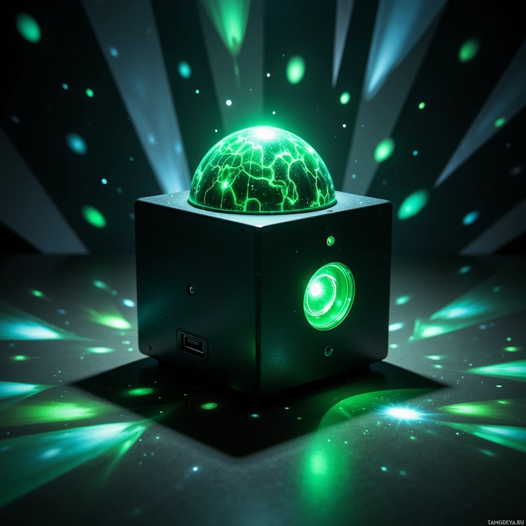A glowing green sphere sits atop a black cube with a USB port, emitting light rays and particles.