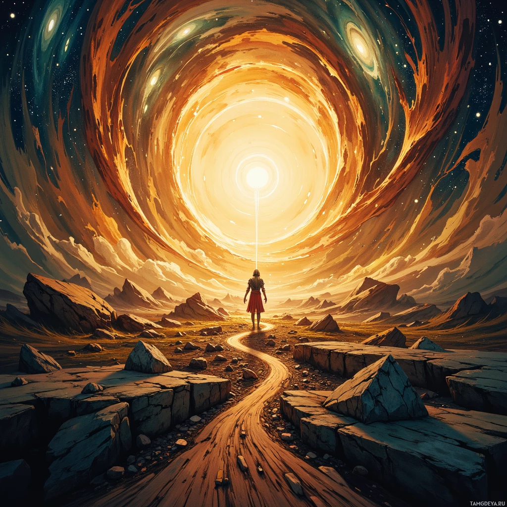 A lone figure stands at the end of a winding path leading into a cosmic tunnel.