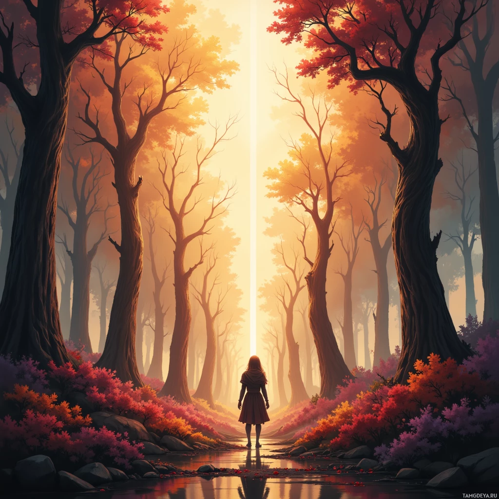 A person stands at the edge of a forest path, surrounded by vibrant autumn foliage and tall trees, bathed in warm sunlight.