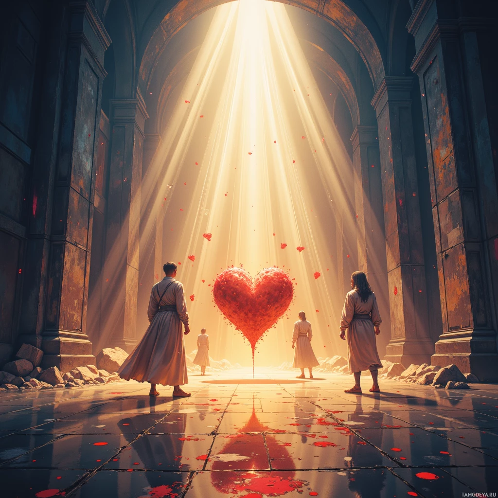 Three figures stand before a glowing heart in a sunlit, ancient temple.