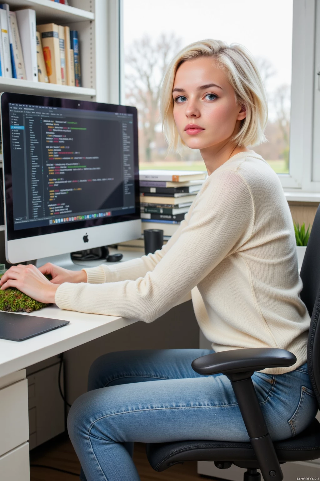 A person is sitting at a desk working on a computer with a code editor displayed on the screen.
